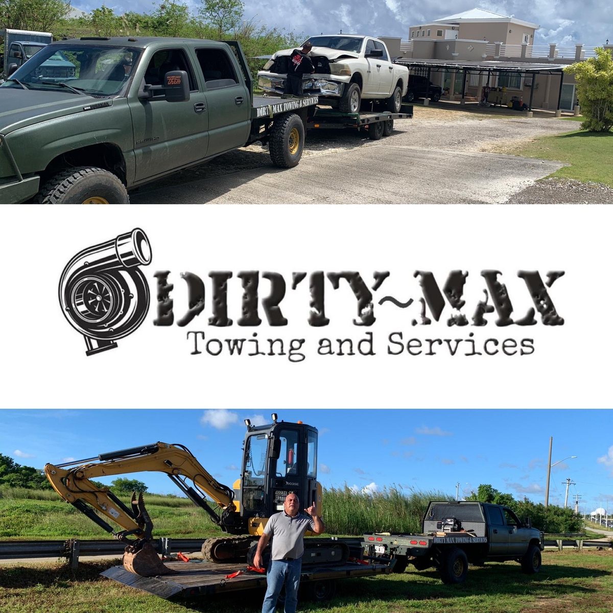 Dirty~Max Towing and Services — wrecked truck recovery, logo, and excavator transport